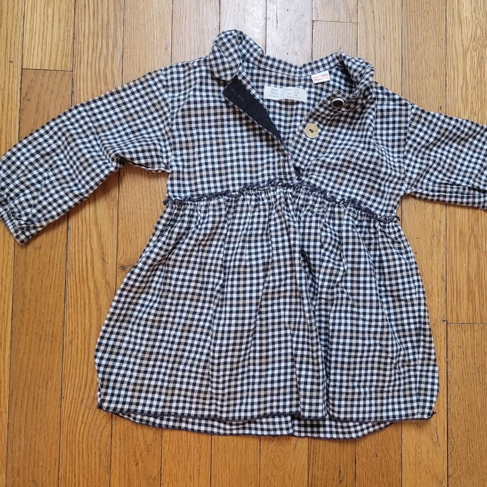 Gingham Long-Sleeve Baby Dress - Black & White